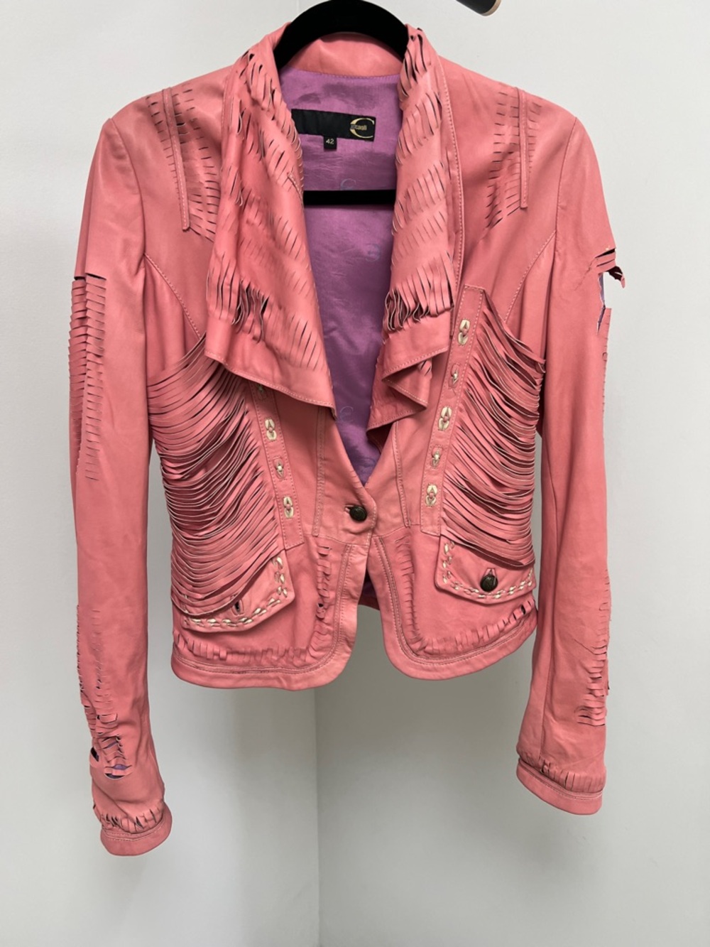 Just Cavalli Coral Pink Fringed Leather Jacket ***damaged***